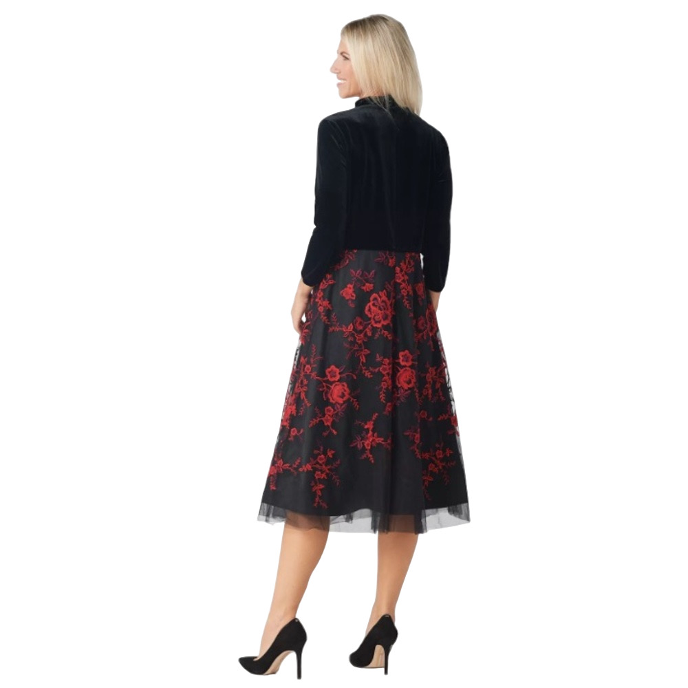 ISSAC MIZRAHI Dress Fit & Flare Black Velvet Red Embroidered Tulle Women 16 NWT